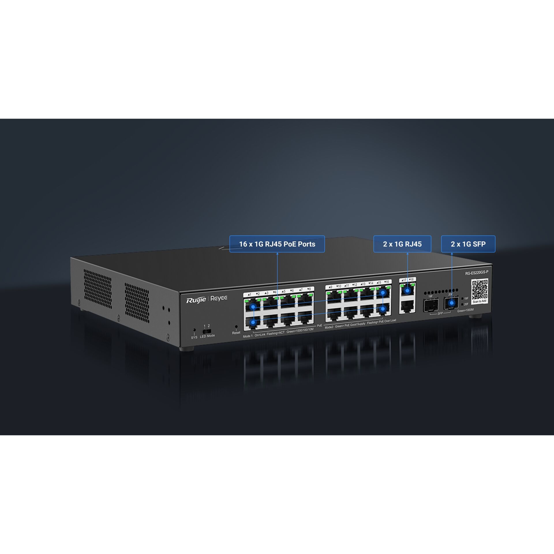 Ruijie Reyee Rg-Es220Gs-P 20 Port 10/100/1000 16 Port Poe 2 Port Uplink +2 Sfp 250W Cloud Yöneti̇lebi̇li̇r Rack Mount Switc