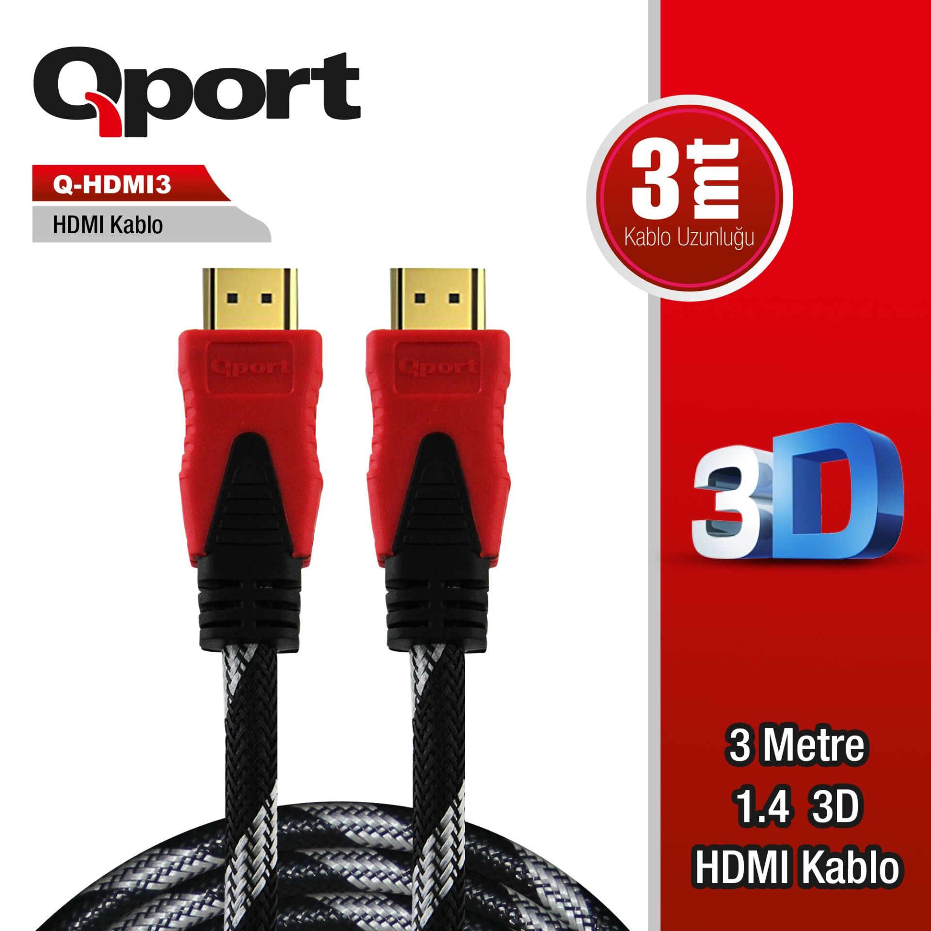 Qport Q-Hdmi3 Hdmi Kablo 3Mt Ver1.4 Altin Uçlu 3D
