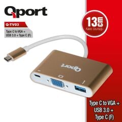 Qport Q-Tv03 Type-C To Vga/Usb/Type-C 1920X1080P Çevi̇ri̇ci̇ Adaptör