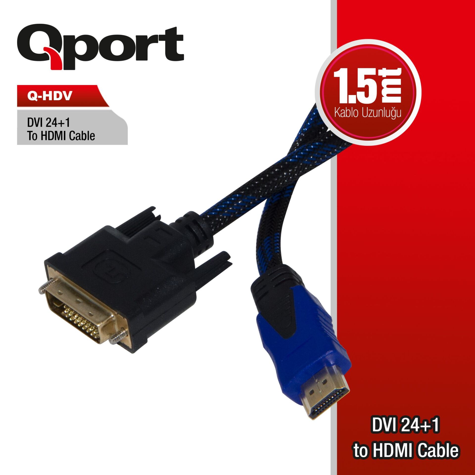 Qport Q-Hdv Dvi 24+1 To Hdmi 1.5Mt Çevi̇ri̇ci̇ Kablo