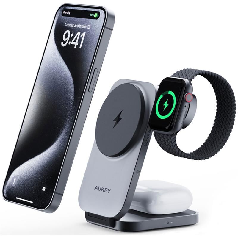 Aukey Lc-Mc312-Gy Magfusion Z Qi2 15W Katlanabi̇li̇r 3 Ü 1 Arada Miknatisli Kablosuz Şarj Ci̇hazi
