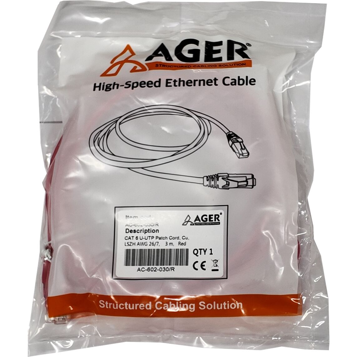 Ager Ac-602-030 3 Mt Utp Cat6 Patch Kablo Kirmizi Cu, Lszh Awg 26/7