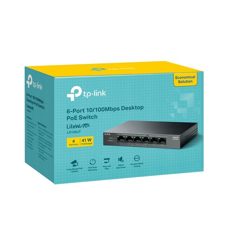 Tp-Link Ls106Lp 4 Port 10/100 + 2 Port Rj45 Uplink 41W 250 Metre Poe Mesafe Metal Kasa Switch