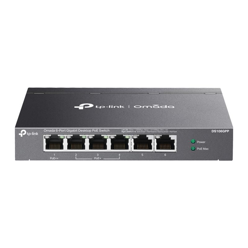 Tp-Link Omada Ds106Gpp 4 Port Gigabit+2 Port Gigabit Uplink 64W 250 Metre Poe Mesafe Metal Kasa Switch