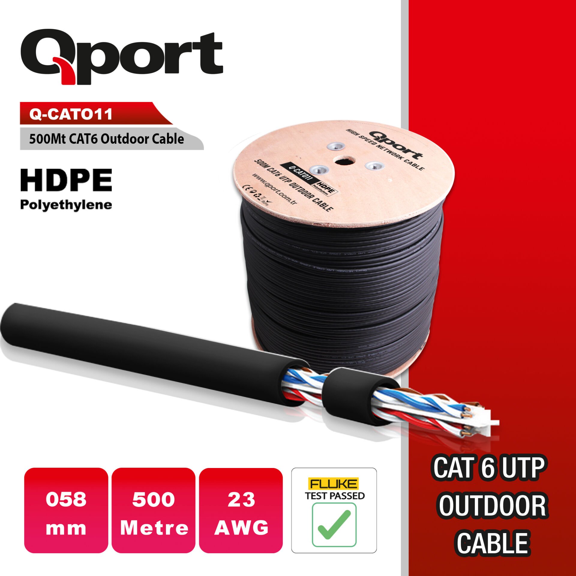 Qport Q-Cato11 500Mt Utp Cat6A Outdoor Network Kablo Siyah 23 Awg