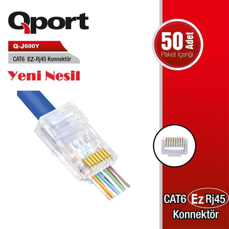 Qport Q-J600Y Cat6 50 Li̇k Paket Ez-Rj45 Yeni̇ Nesi̇l Konnektör