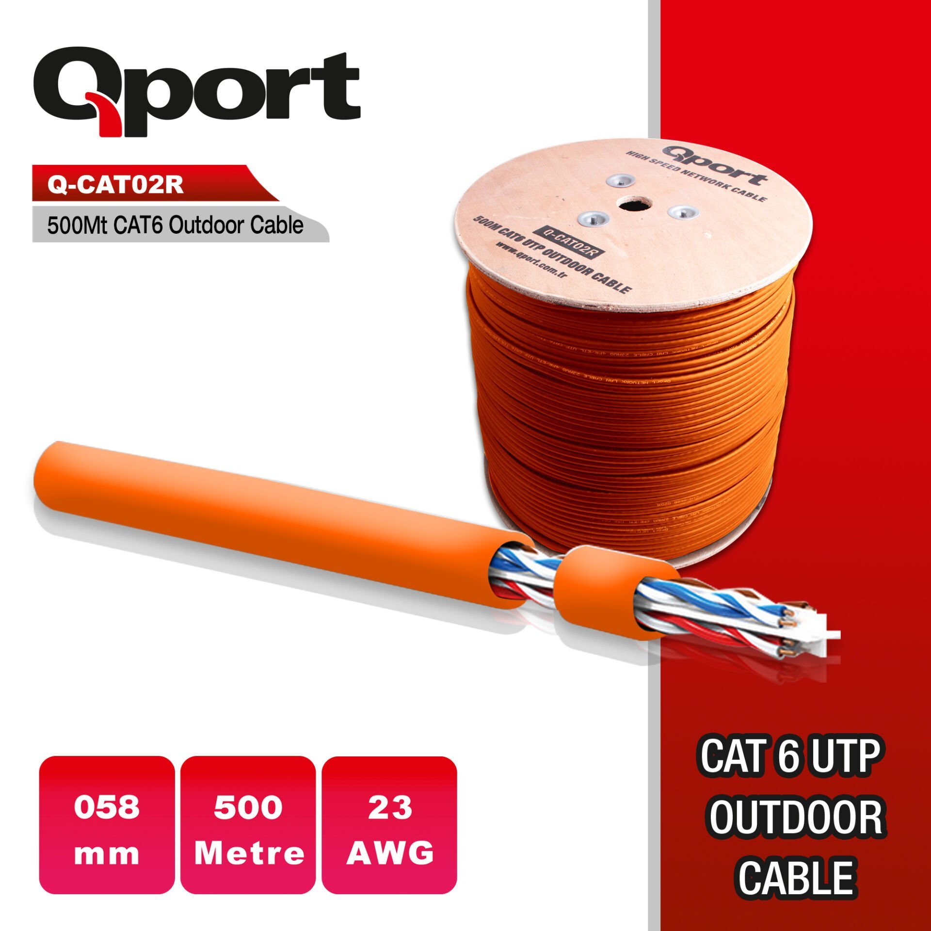 Qport Q-Cato2R 500Mt Utp Cat6 Outdoor Network Kablo Turuncu 23Awg 0.58Mm