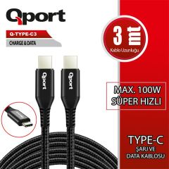 Qport Q-Type-C3 3 Metre Type-C 100W Pd Şarj Ve Data Kablosu
