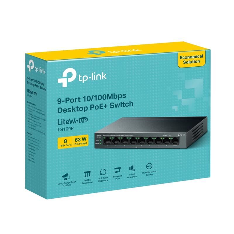 Tp-Link Ls109P 8 Port 10/100 +1 Port Rj45 Uplink 63W 250 Metre Poe Mesafe Metal Kasa Switch