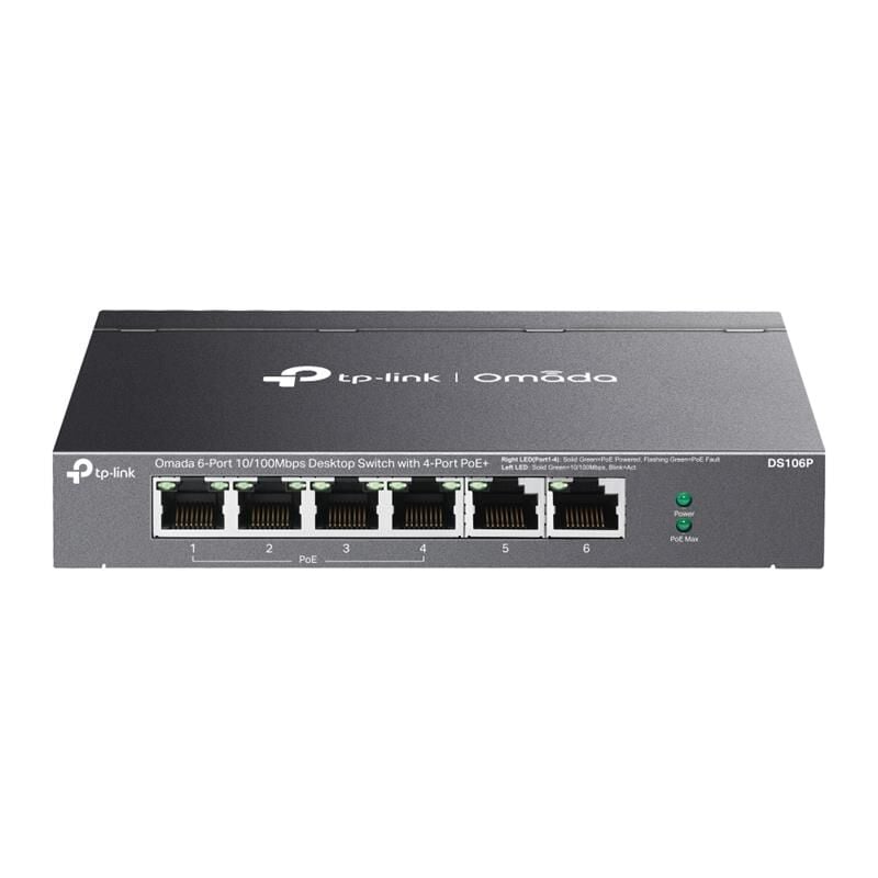 Tp-Link Omada Ds106P 4 Port 10/100+2 Port 10/100 Uplink 67W 250 Metre Poe Mesafe Metal Kasa Switch