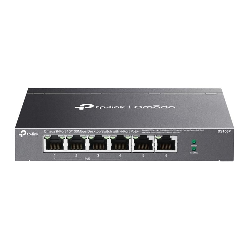 Tp-Link Omada Ds106P 4 Port 10/100+2 Port 10/100 Uplink 67W 250 Metre Poe Mesafe Metal Kasa Switch