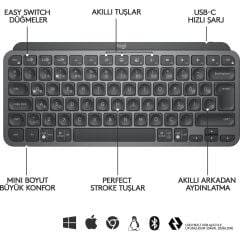 Logitech Mx Keys Mini Minimalist Kablosuz Bluetooth Aydinlatmali Q Tr Klavye Si̇yah 920-010504