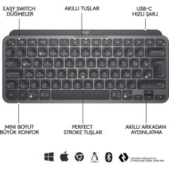 Logitech Mx Keys Mini Minimalist Kablosuz Bluetooth Aydinlatmali Q Tr Klavye Si̇yah 920-010504