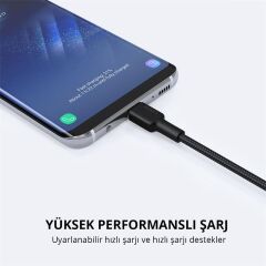 Aukey Cb-Cd30-Bk Naylon Örgülü Usb-A Type-C Şarj Kablosu 0.9Mt