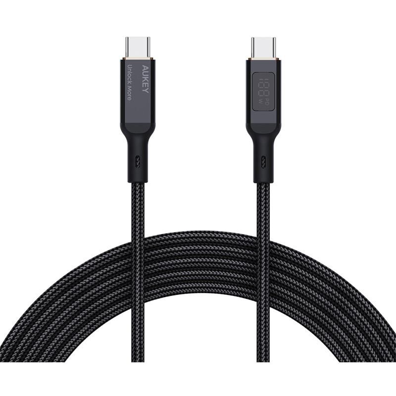 Aukey Cb-Mcc102-Bk 100W Naylon Örgülü 5A 480Mbps Type-C Type-C Lcd Ekranli Kablo 1.8Mt