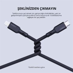 Aukey Cb-Ncl1-Bk Naylon Örgülü 3A 480Mbps Type-C Lightning Kablosu 1.8Mt