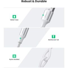 Ugreen Type-C To Usb-A 3A Qc Örgülü Hizli Şarj Kablosu 2 Mt Gümüş Beyazi 60133
