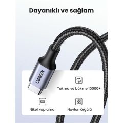 Ugreen Usb-C 60W 3A Qc Pd Örgülü Hizli Şarj Kablosu 1 Mt Si̇yah 50150