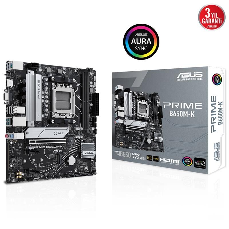 Asus Prime B650M-K Ddr5 6400Mhz 1Xvga 1Xhdmi 2Xm.2 Usb 3.2 Matx Am5 (Amd Am5 9000/8000/7000 Seri̇leri̇ İle Uyumlu)