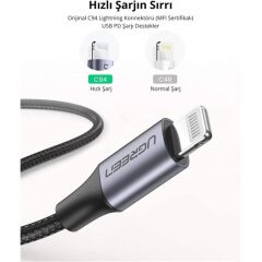 Ugreen Type-C To Lightning 3A Pd Mfi̇ Serti̇fi̇kali Örgülü Hizli Şarj Kablosu 2 Mt Si̇yah 60761