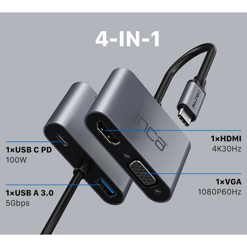 Inca Itpc-06T Type-C Hub X4 Hdmi 4K@30 Hz+ Vga+ Usb 3.0+Pd 100W Aluminyum Kasa Çoklayici