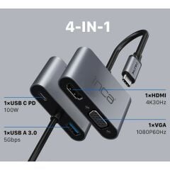 Inca Itpc-06T Type-C Hub X4 Hdmi 4K@30 Hz+ Vga+ Usb 3.0+Pd 100W Aluminyum Kasa Çoklayici