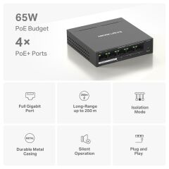 Tp-Link Mercusys Ms105Gp 5 Port 10/100/1000 4 Port Poe+ Yonetilemez Desktop Switch Metal Kasa