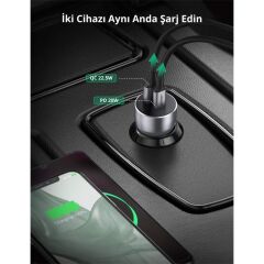 Ugreen 52.5W Qc Pd Hizli Araç İçi̇ Şarj Ci̇hazi Çakmaklik Adaptörü 1Xusb-C 1Xusb-A Uzay Gri̇si̇ 60980