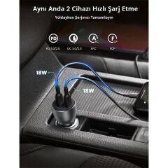 Ugreen 40W Pd Hizli Araç İçi̇ Şarj Ci̇hazi Çakmaklik Adaptörü 2Xusb-C Uzay Gri̇si̇ 70594