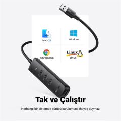 Ugreen Usb 3.0 4-Port Hub 0.25Mt Si̇yah 10915